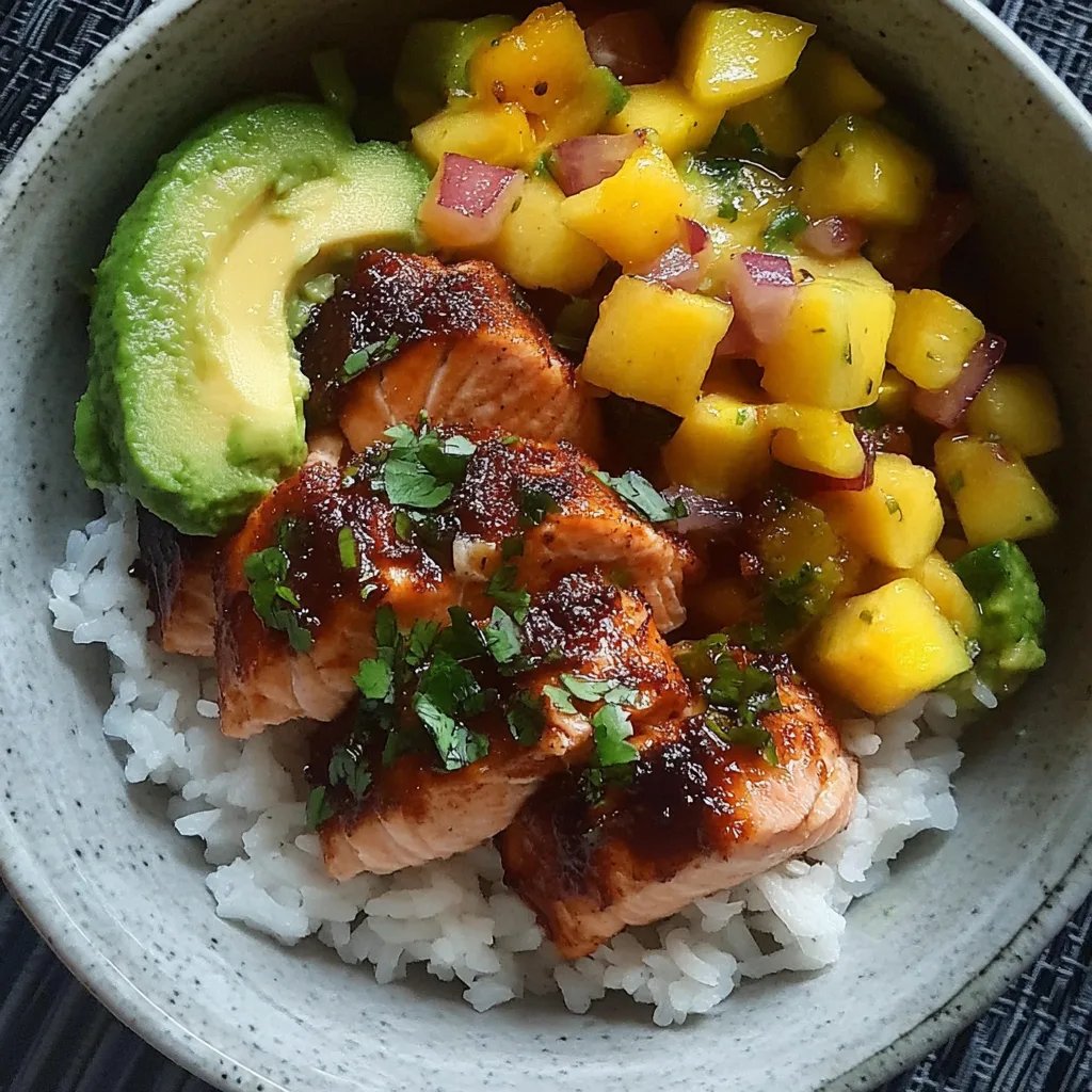 BBQ Salmon Bowls with Mango Avocado Salsa